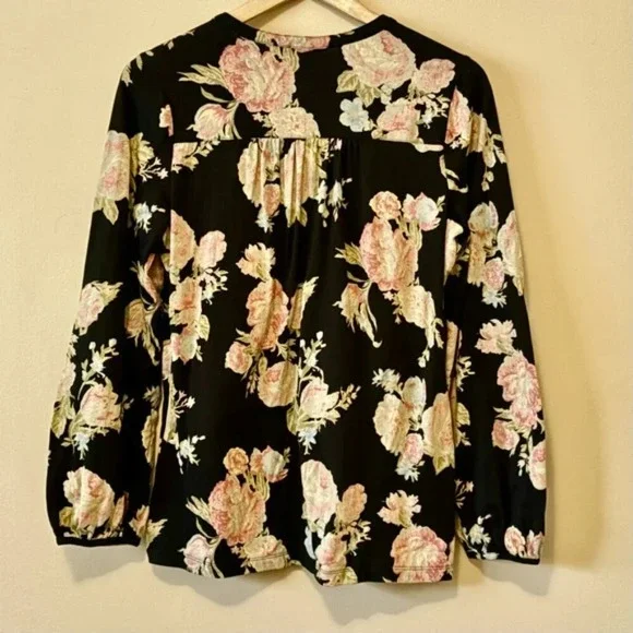 •SOLD•|Lauren| by Ralph Lauren Black and Pink Floral V-Neck Long Sleeve Blouse L - Picture 4 of 5